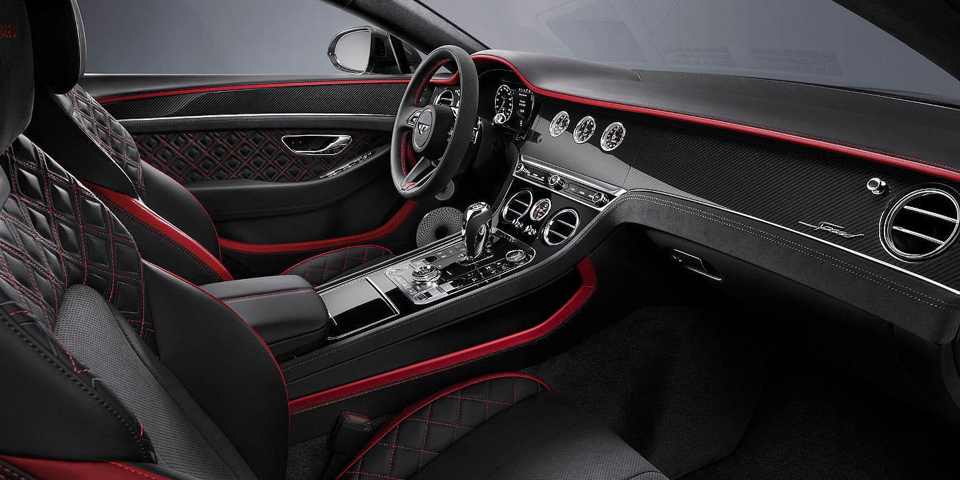 Bentley Warszawa Bentley Continental GT Speed coupe front interior in Beluga black and Hotspur red hide