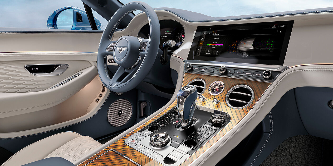 Bentley Warszawa New Bentley Continental GTC Azure convertible interior front cabin view with Linen and Brunel hides and Piano Linen by Mulliner veneer featuring centre console and centre MMI screen