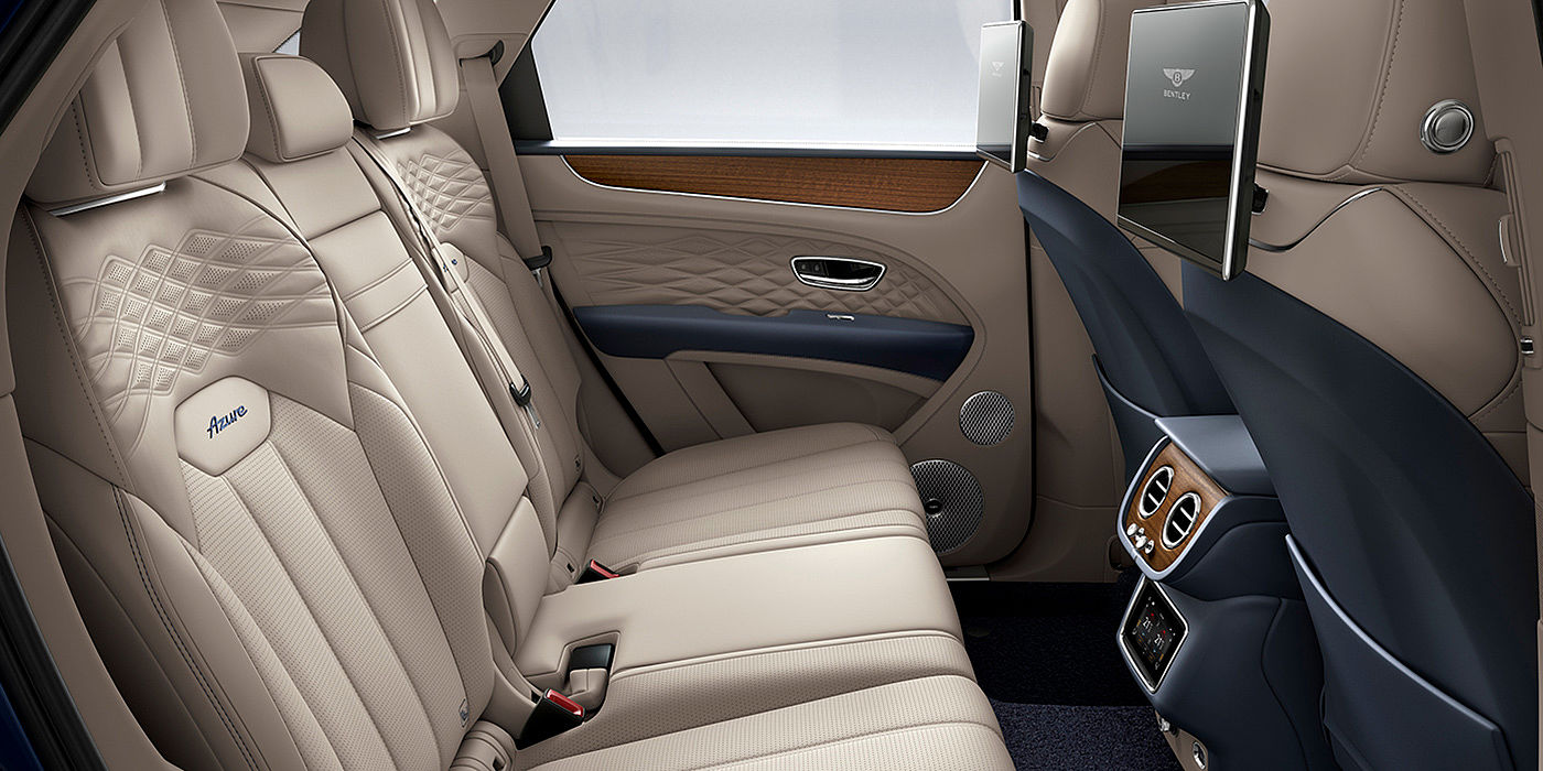 Bentley Warszawa Bentey Bentayga Azure interior view for rear passengers with Portland hide and Rear Seat Entertainment. 