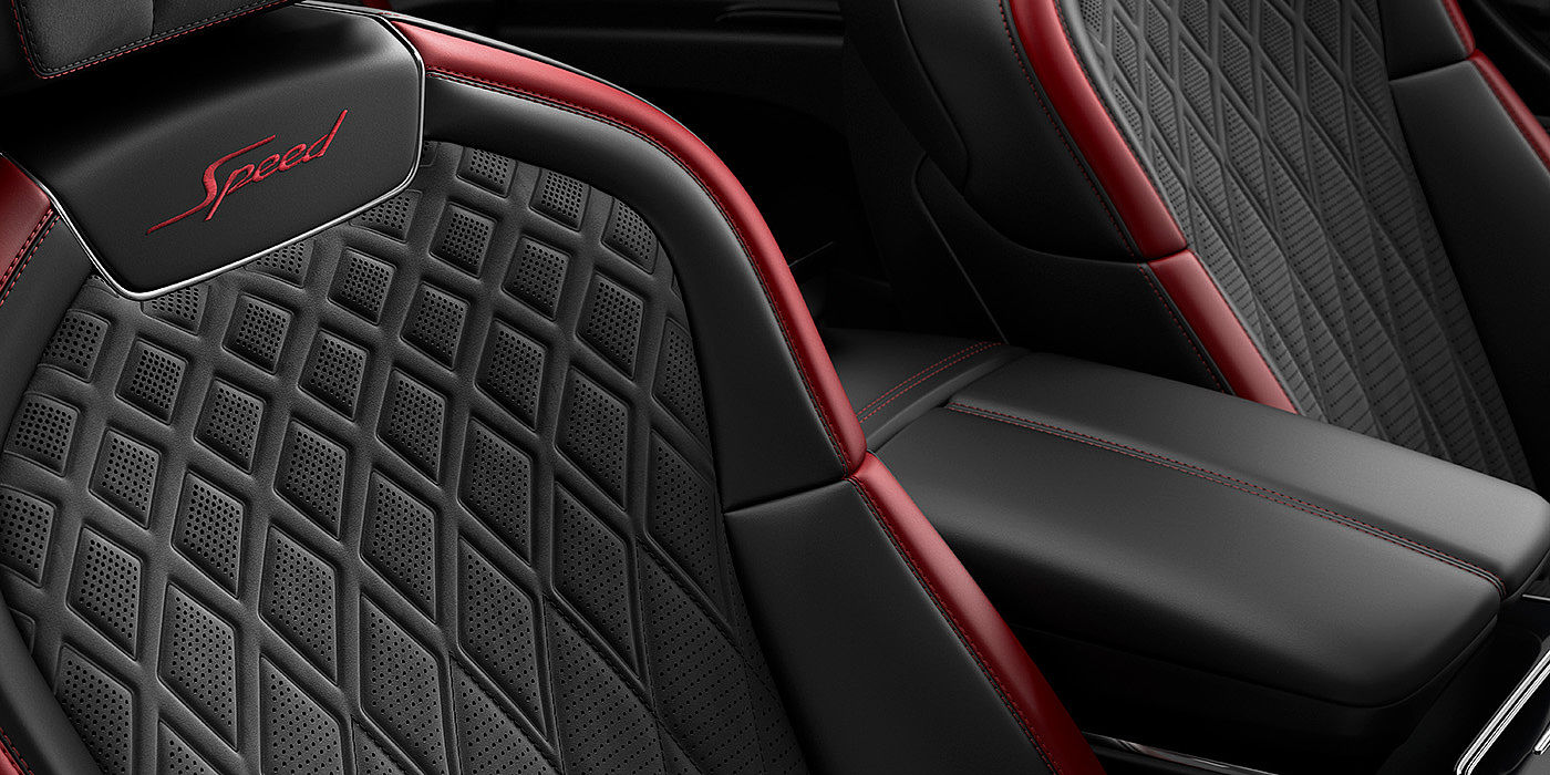 Bentley Warszawa Bentley Flying Spur Speed sedan seat stitching detail in Beluga black and Cricket Ball red hide