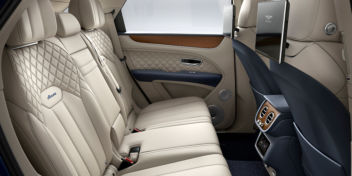 Bentley Warszawa Bentley Bentayga Azure SUV rear interior in Imperial Blue and Linen hide