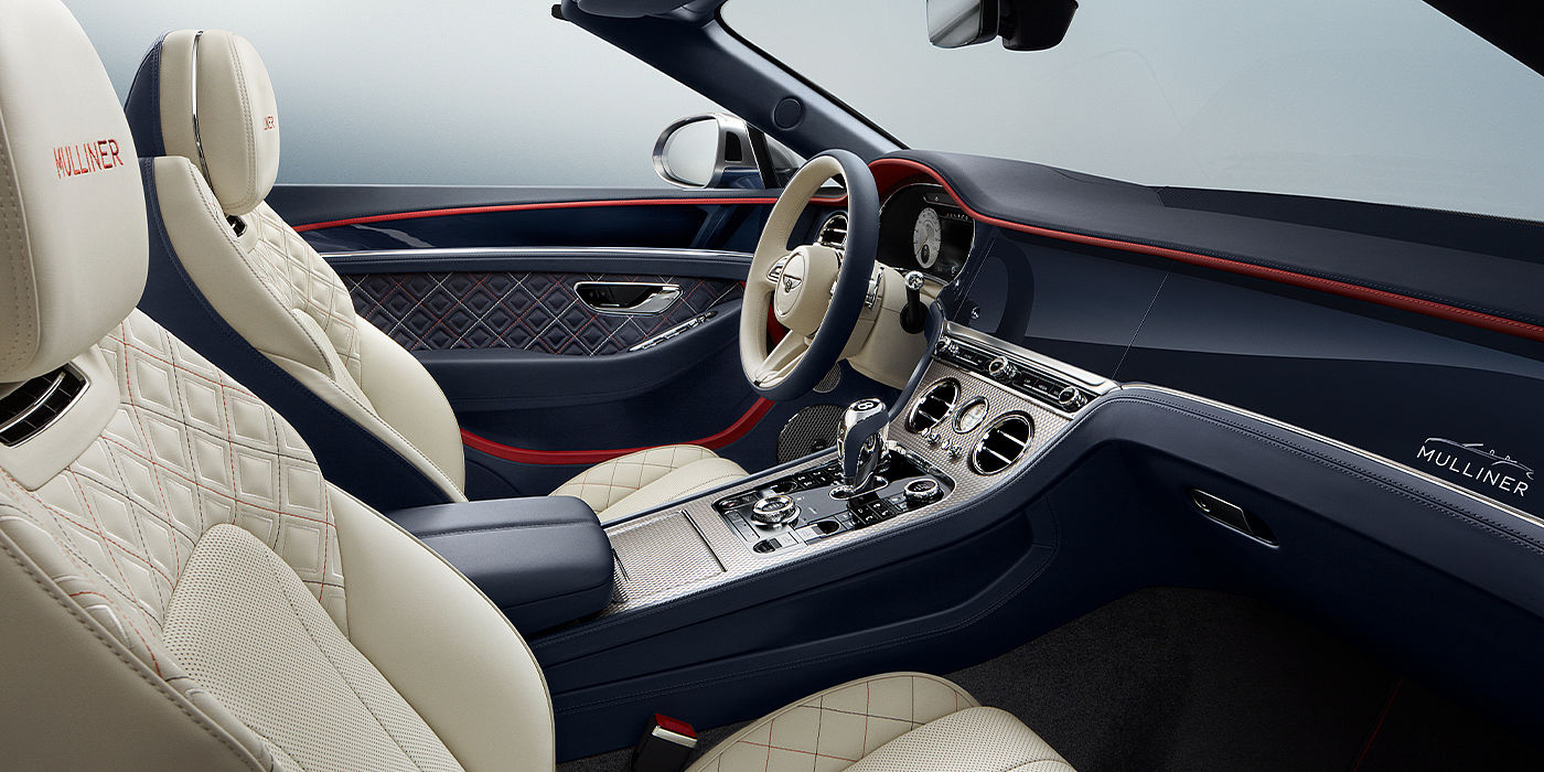 Bentley Warszawa Bentley Continental GTC Mulliner convertible front interior in Imperial Blue and Linen hide